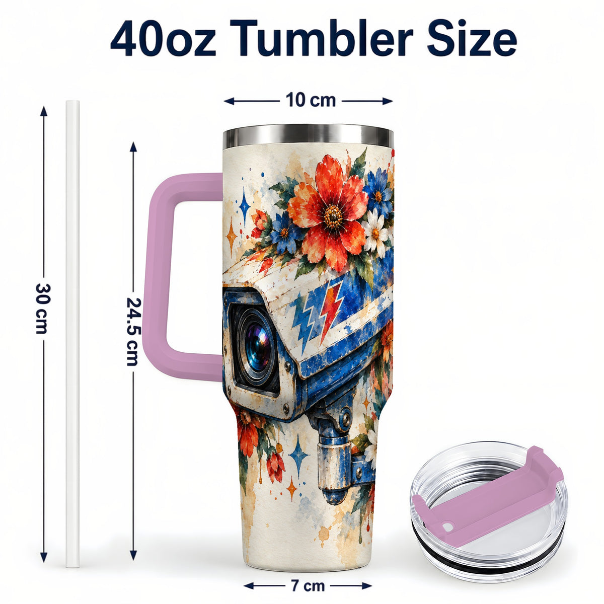 #pl[40oz|Pink] Watercolor Camera 40oz Tumbler with Handle, Floral Stainless Travel Cup
