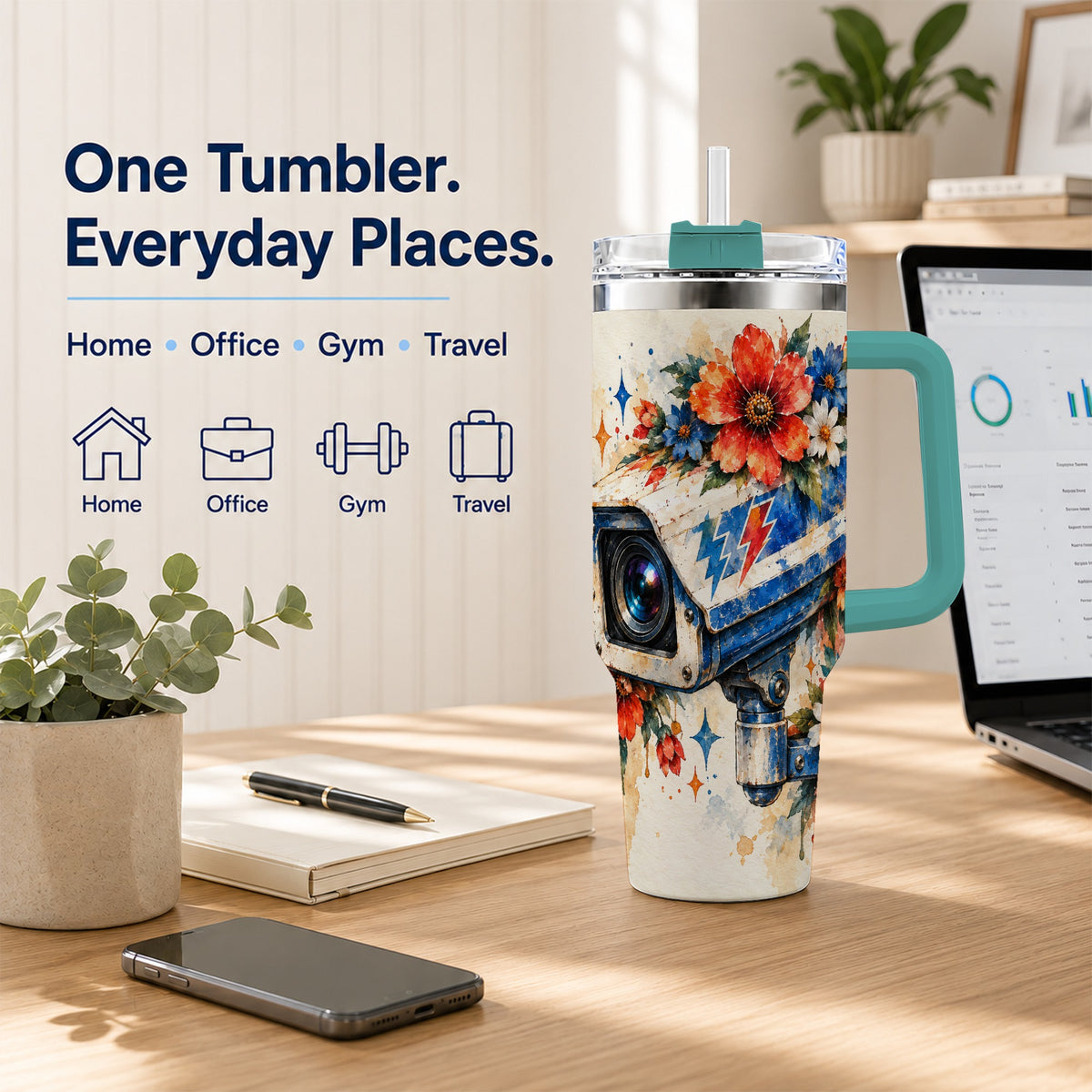 #pl[40oz|Green] Watercolor Camera 40oz Tumbler with Handle, Floral Stainless Travel Cup