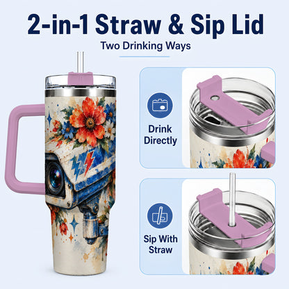 #pl[40oz|Pink] Watercolor Camera 40oz Tumbler with Handle, Floral Stainless Travel Cup