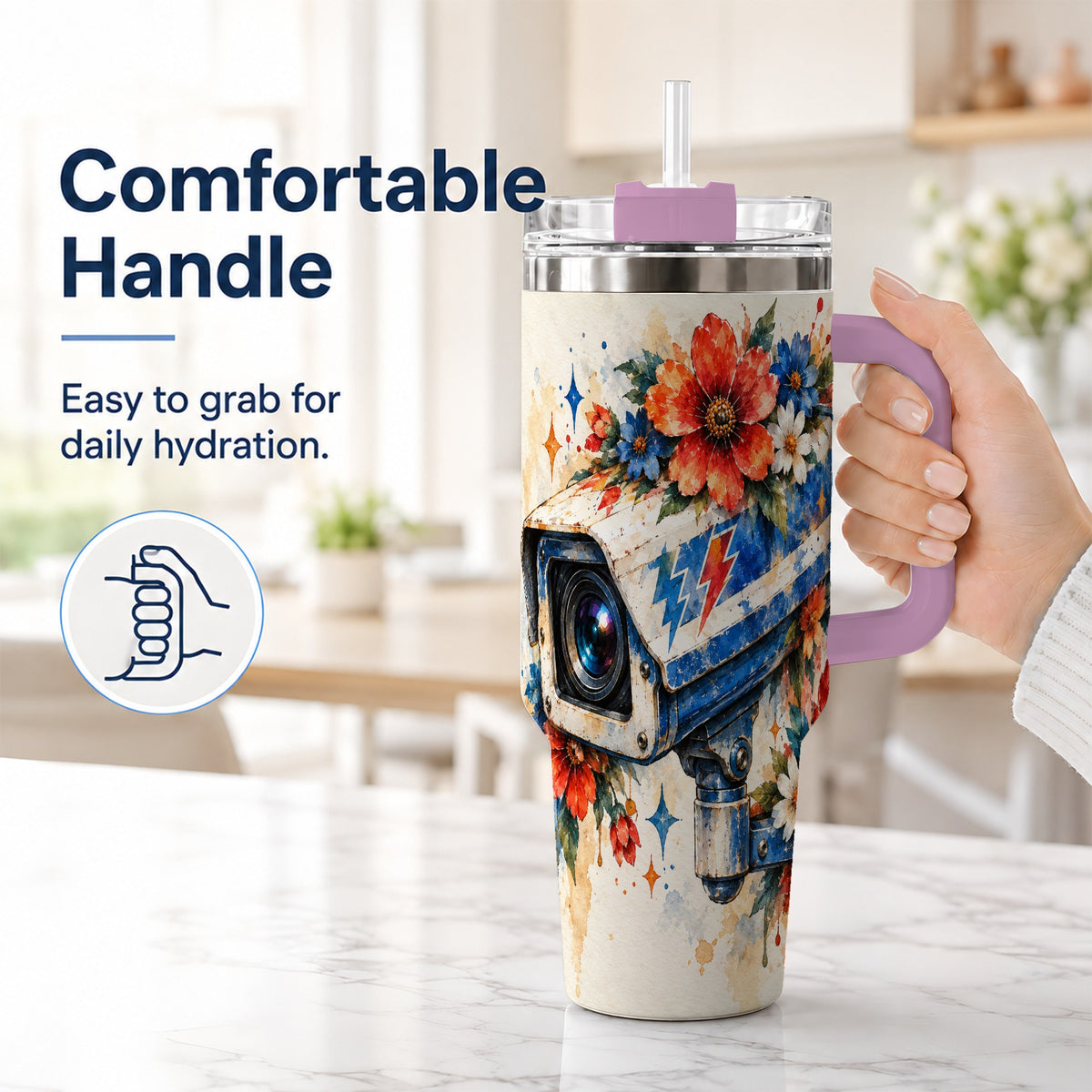 #pl[40oz|Pink] Watercolor Camera 40oz Tumbler with Handle, Floral Stainless Travel Cup