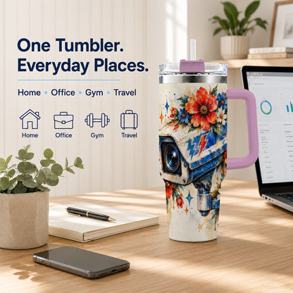 #pl[40oz|Pink] Watercolor Camera 40oz Tumbler with Handle, Floral Stainless Travel Cup