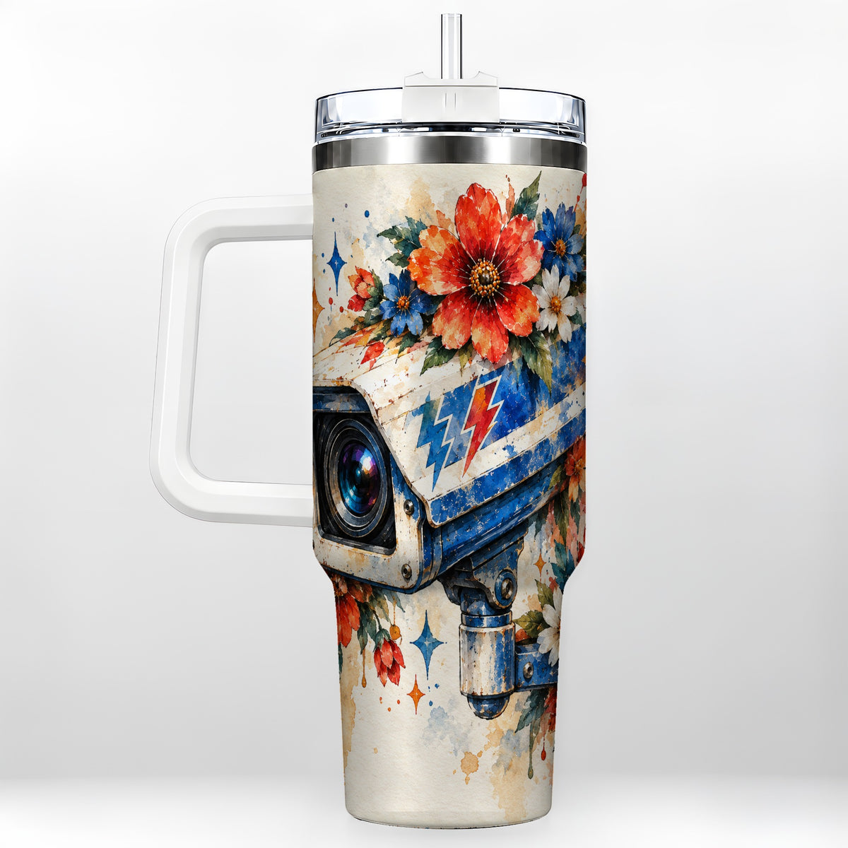 Watercolor Camera 40oz Tumbler with Handle, Floral Stainless Travel Cup