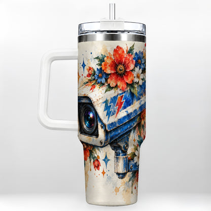 Watercolor Camera 40oz Tumbler with Handle, Floral Stainless Travel Cup
