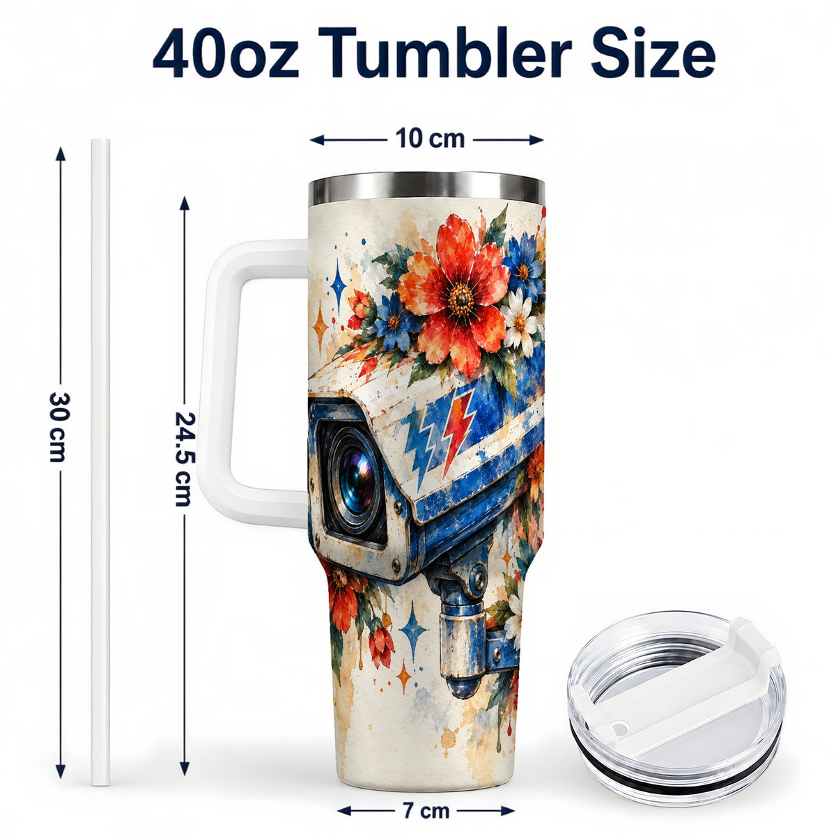 #pl[40oz|White] Watercolor Camera 40oz Tumbler with Handle, Floral Stainless Travel Cup