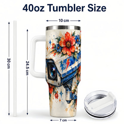 #pl[40oz|White] Watercolor Camera 40oz Tumbler with Handle, Floral Stainless Travel Cup