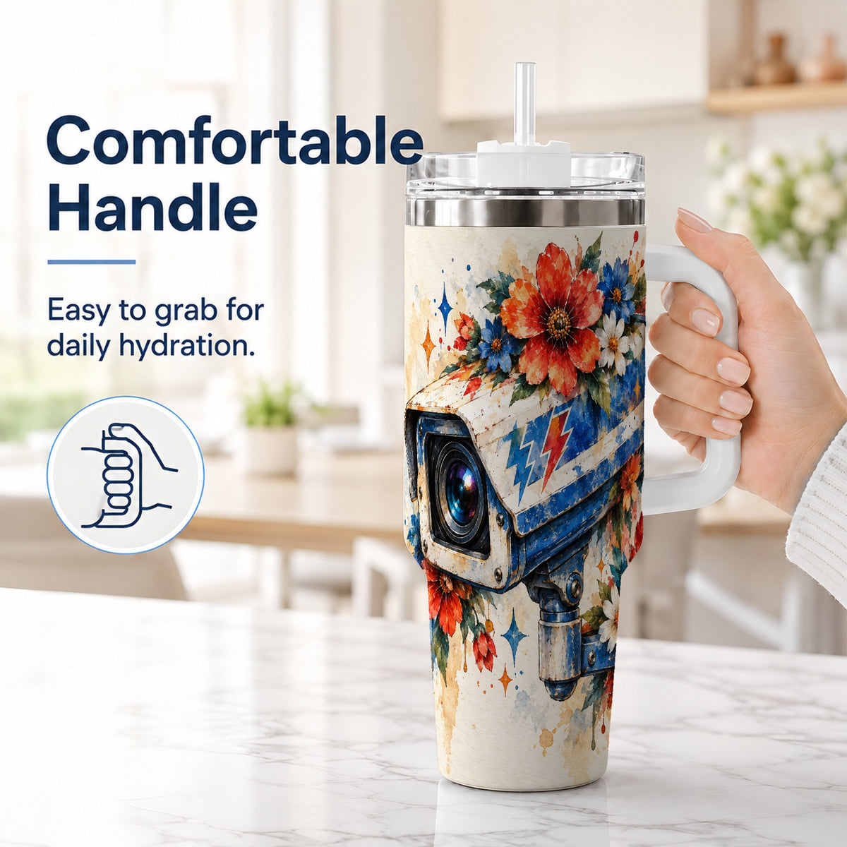 #pl[40oz|White] Watercolor Camera 40oz Tumbler with Handle, Floral Stainless Travel Cup