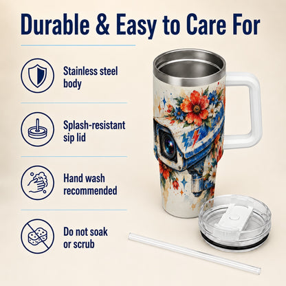 #pl[40oz|White] Watercolor Camera 40oz Tumbler with Handle, Floral Stainless Travel Cup
