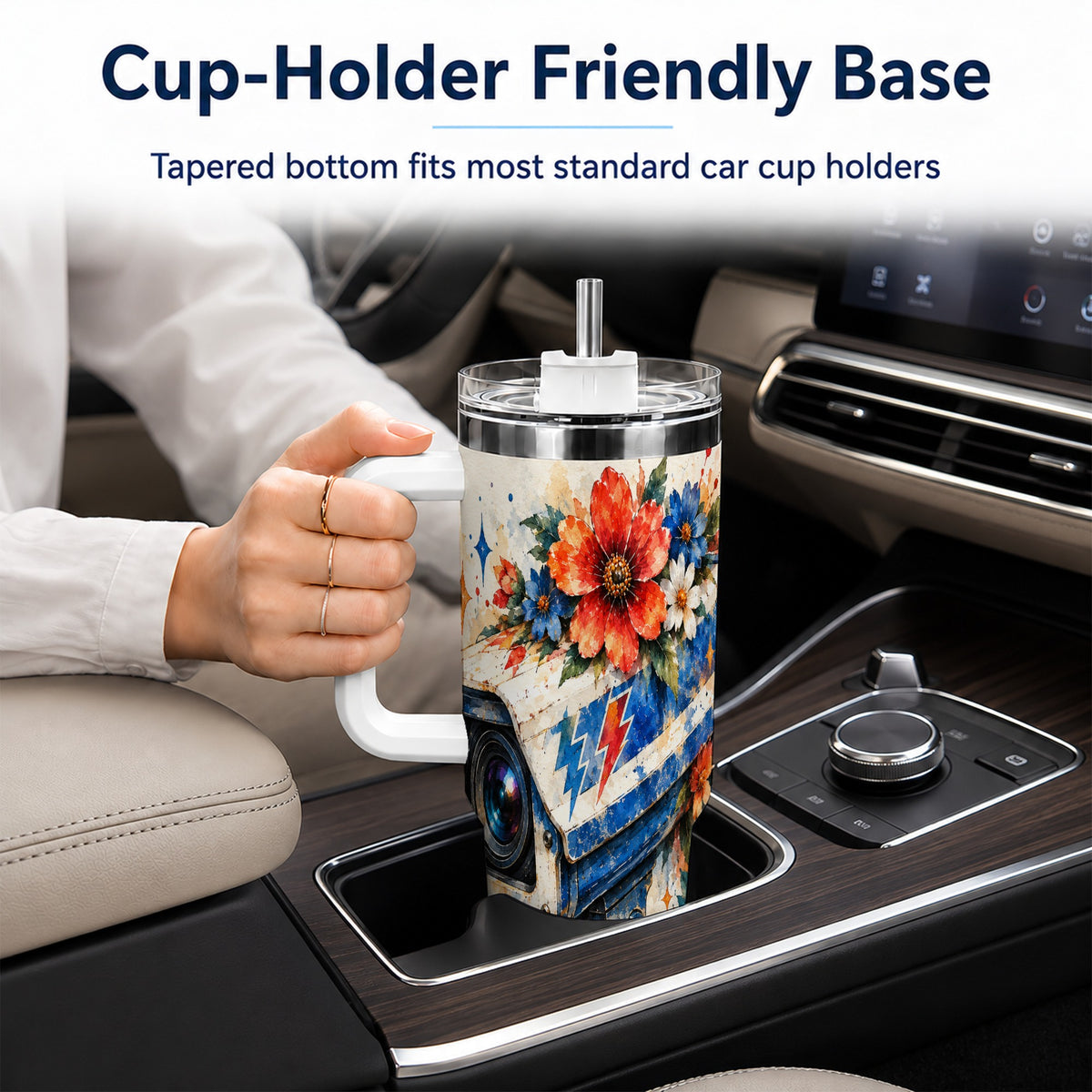 #pl[40oz|White] Watercolor Camera 40oz Tumbler with Handle, Floral Stainless Travel Cup