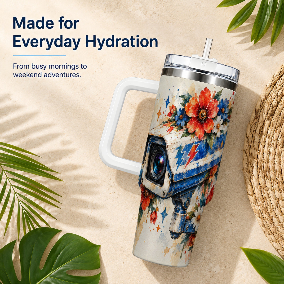 #pl[40oz|White] Watercolor Camera 40oz Tumbler with Handle, Floral Stainless Travel Cup