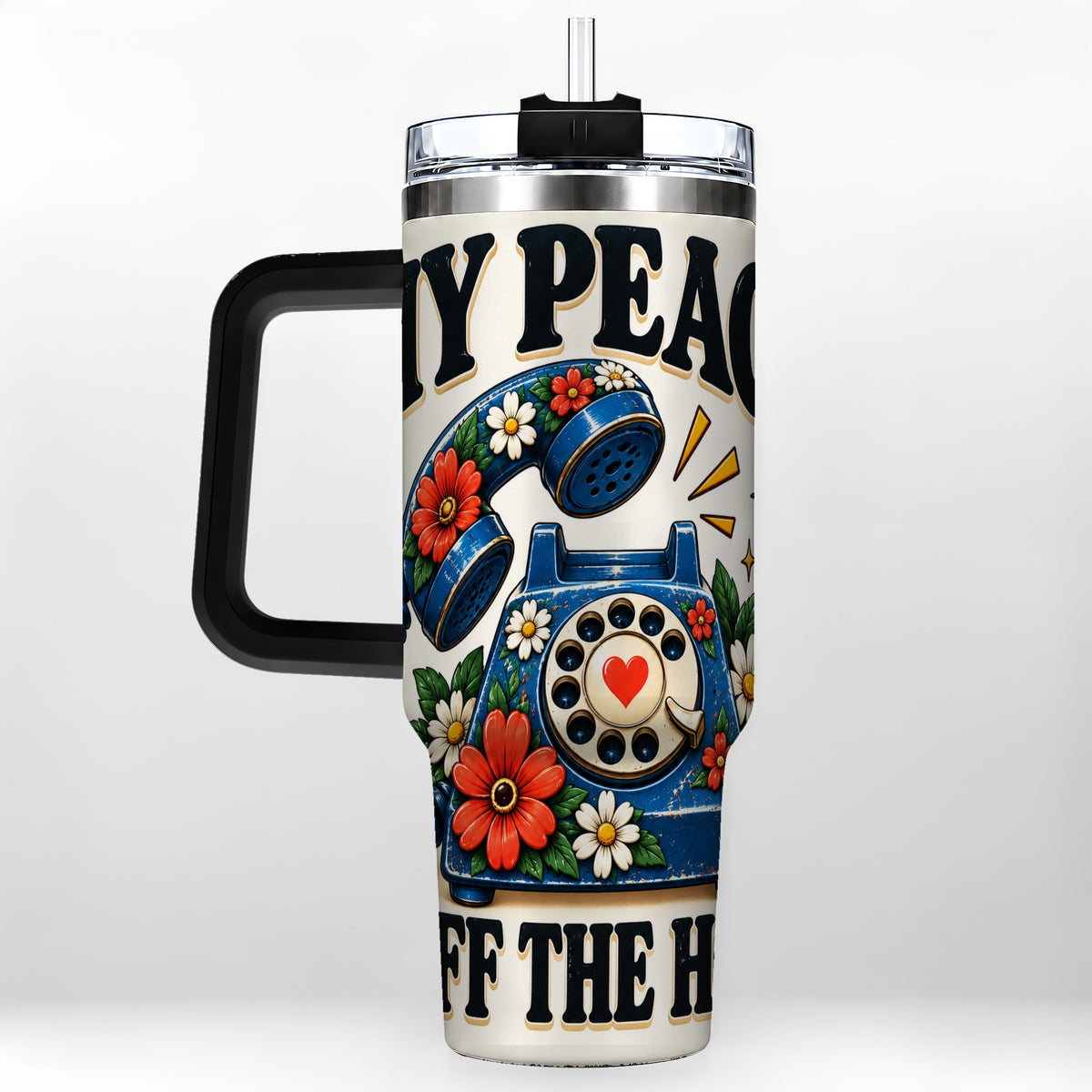 #pl[40oz|Black] Rotary Phone 40oz Tumbler with Handle, Floral Stainless Steel Travel Cup