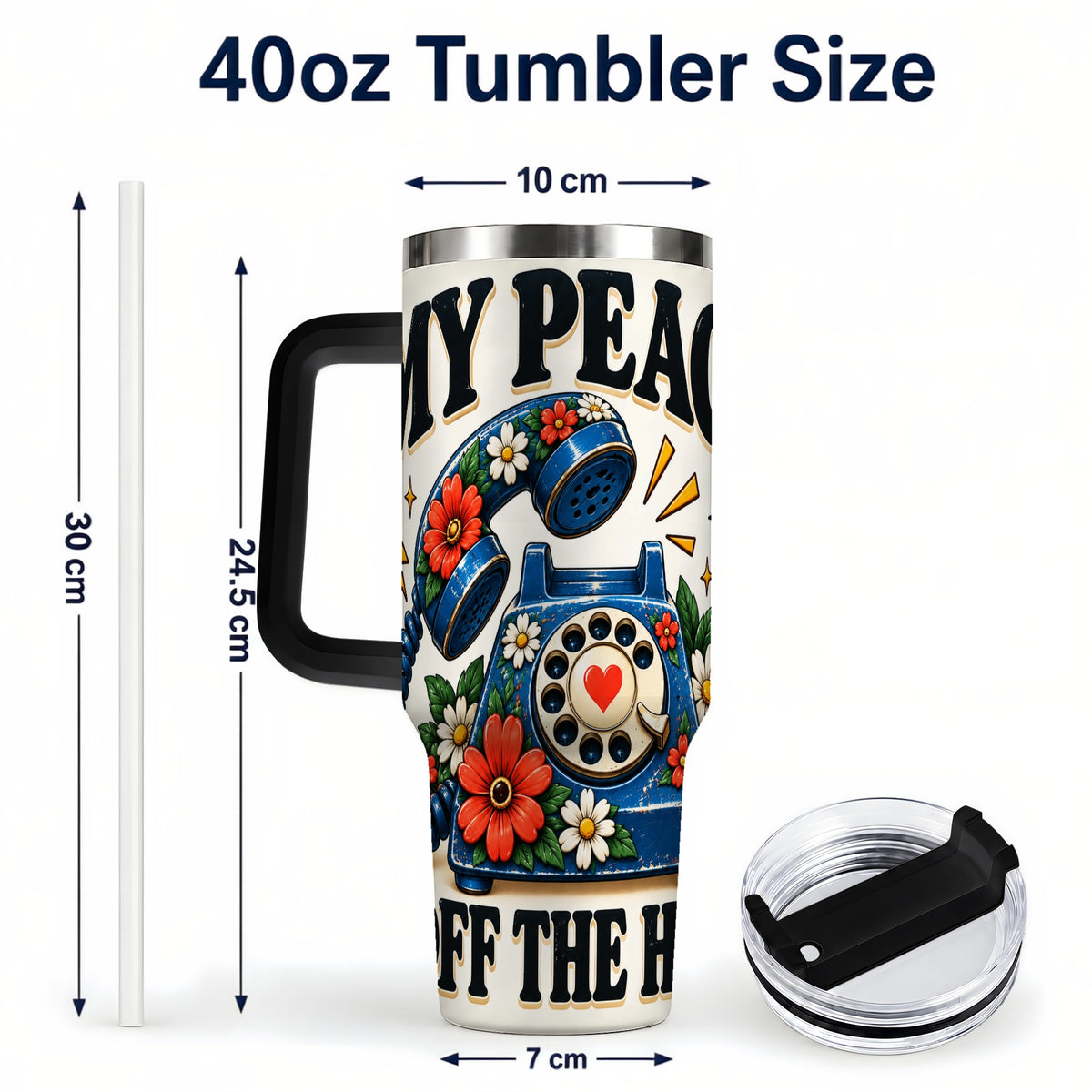 #pl[40oz|Black] Rotary Phone 40oz Tumbler with Handle, Floral Stainless Steel Travel Cup