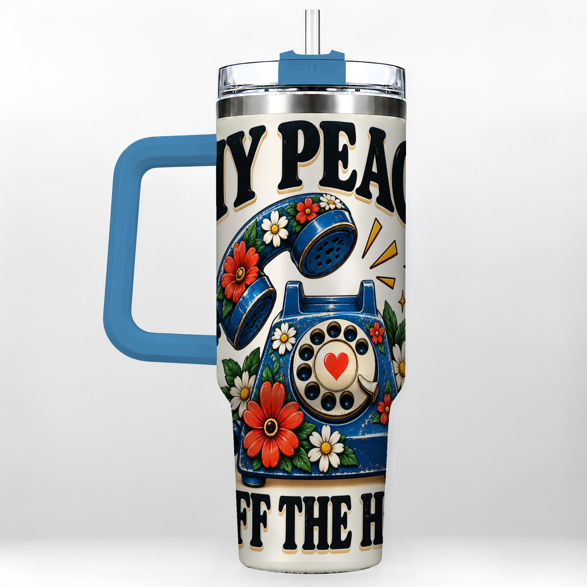 #pl[40oz|Blue] Rotary Phone 40oz Tumbler with Handle, Floral Stainless Steel Travel Cup