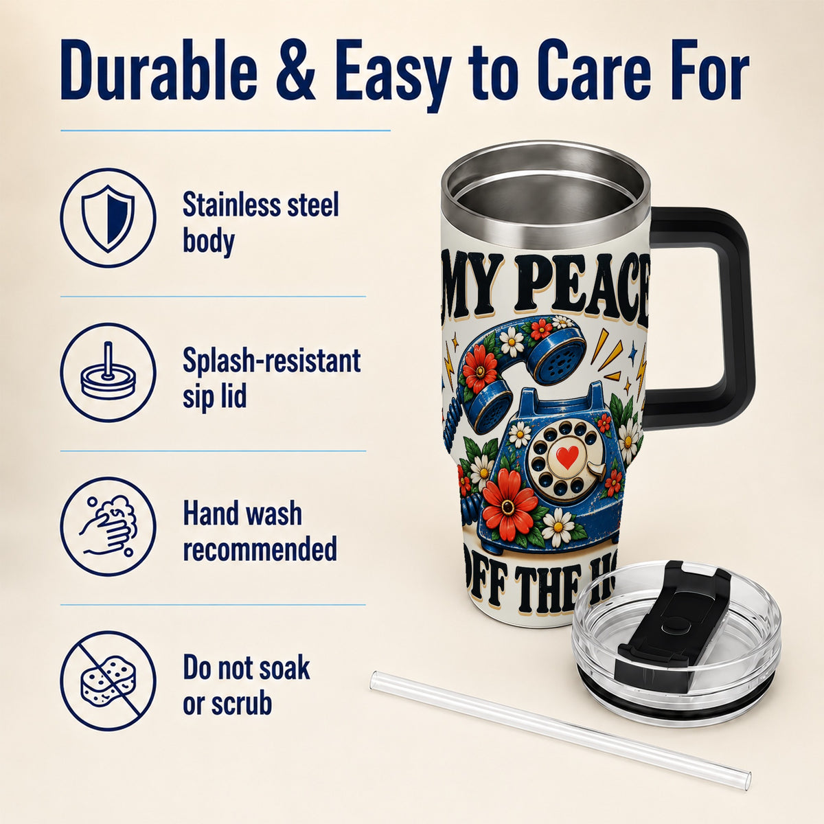 #pl[40oz|Black] Rotary Phone 40oz Tumbler with Handle, Floral Stainless Steel Travel Cup