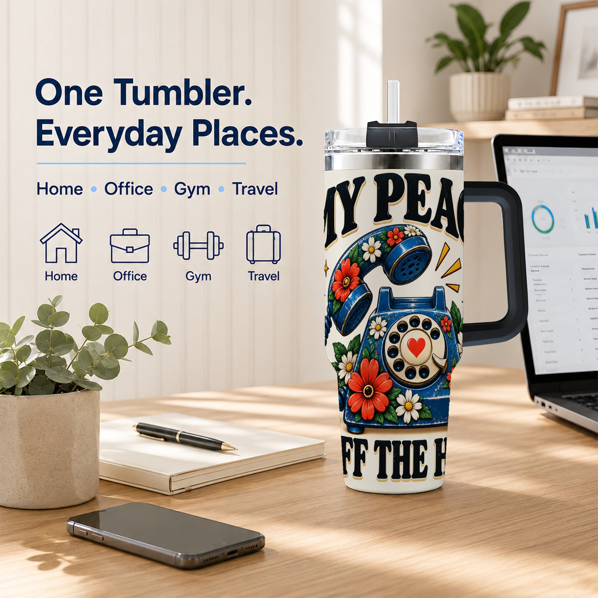 #pl[40oz|Black] Rotary Phone 40oz Tumbler with Handle, Floral Stainless Steel Travel Cup