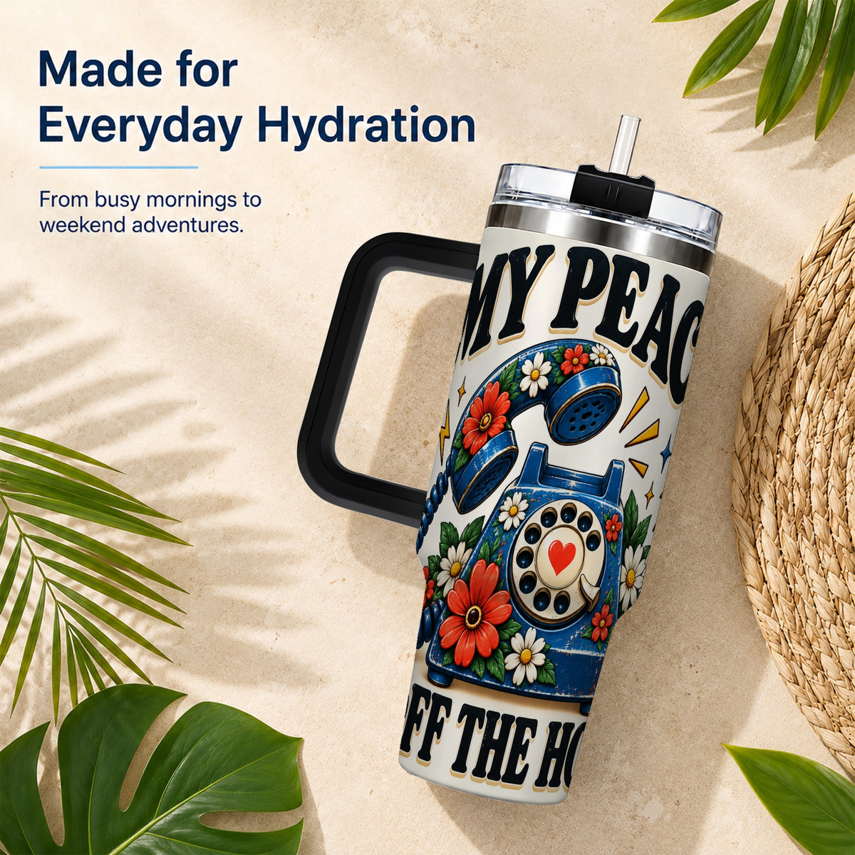 #pl[40oz|Black] Rotary Phone 40oz Tumbler with Handle, Floral Stainless Steel Travel Cup