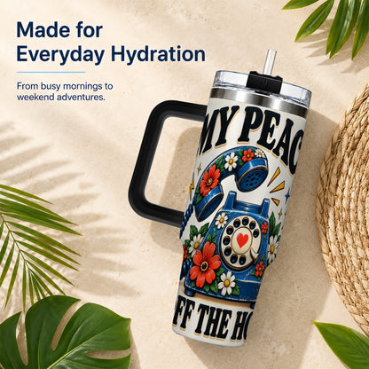 #pl[40oz|Black] Rotary Phone 40oz Tumbler with Handle, Floral Stainless Steel Travel Cup