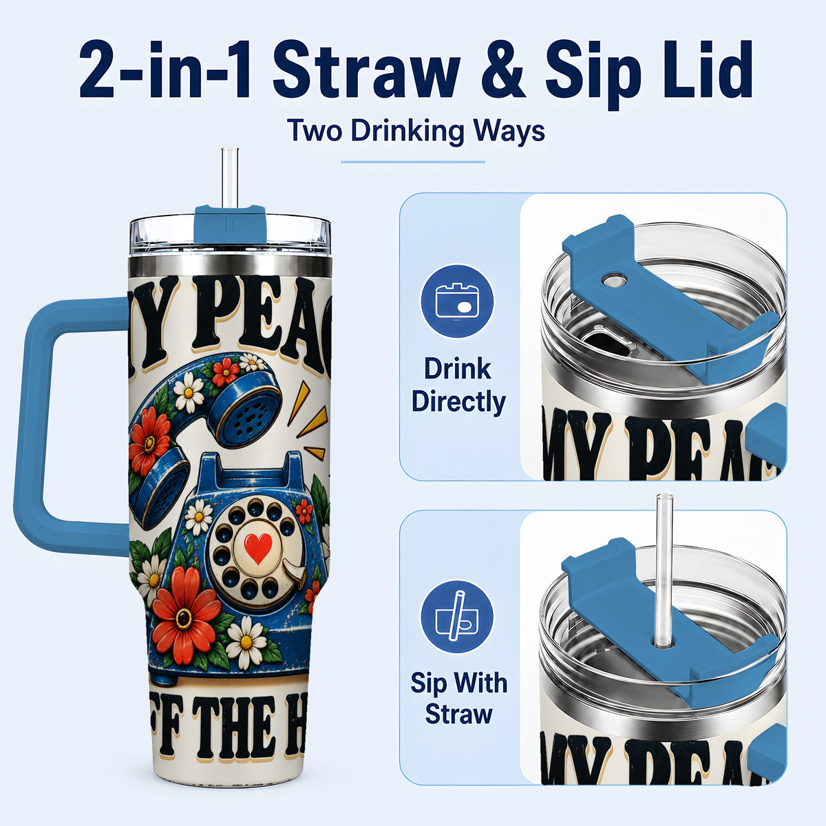 #pl[40oz|Blue] Rotary Phone 40oz Tumbler with Handle, Floral Stainless Steel Travel Cup
