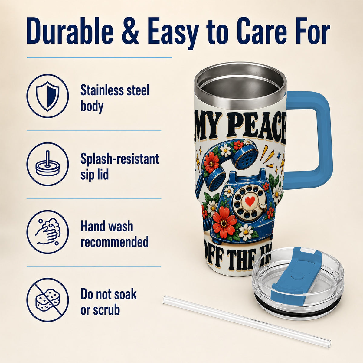 #pl[40oz|Blue] Rotary Phone 40oz Tumbler with Handle, Floral Stainless Steel Travel Cup