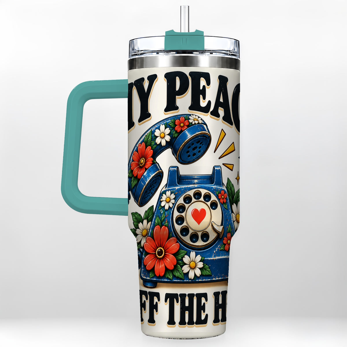 #pl[40oz|Green] Rotary Phone 40oz Tumbler with Handle, Floral Stainless Steel Travel Cup