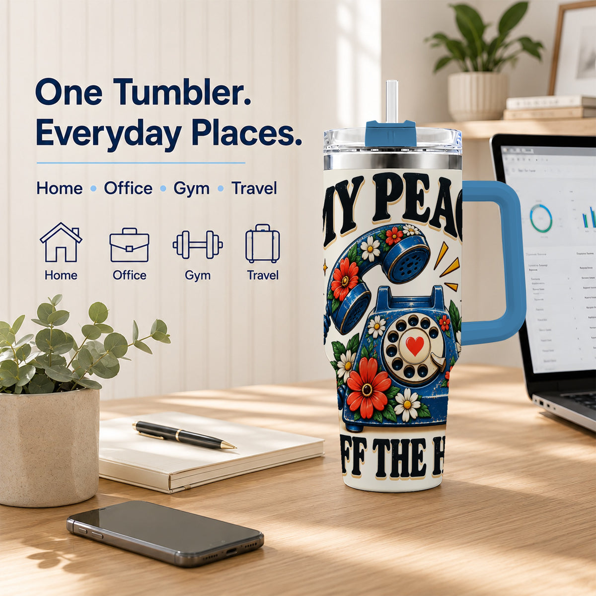 #pl[40oz|Blue] Rotary Phone 40oz Tumbler with Handle, Floral Stainless Steel Travel Cup