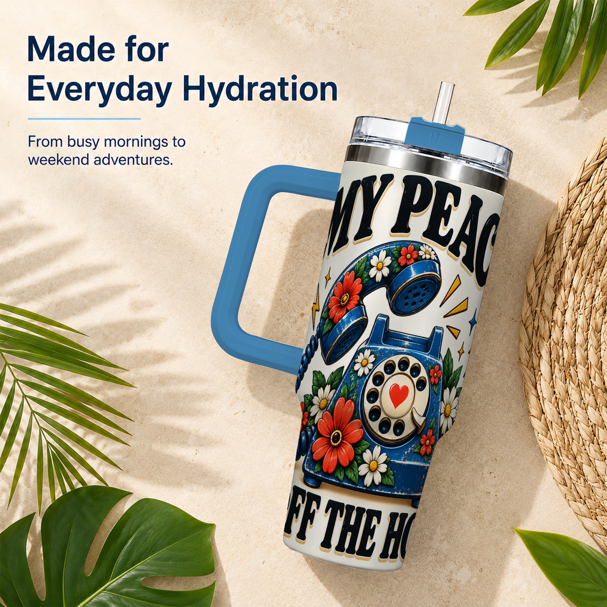 #pl[40oz|Blue] Rotary Phone 40oz Tumbler with Handle, Floral Stainless Steel Travel Cup