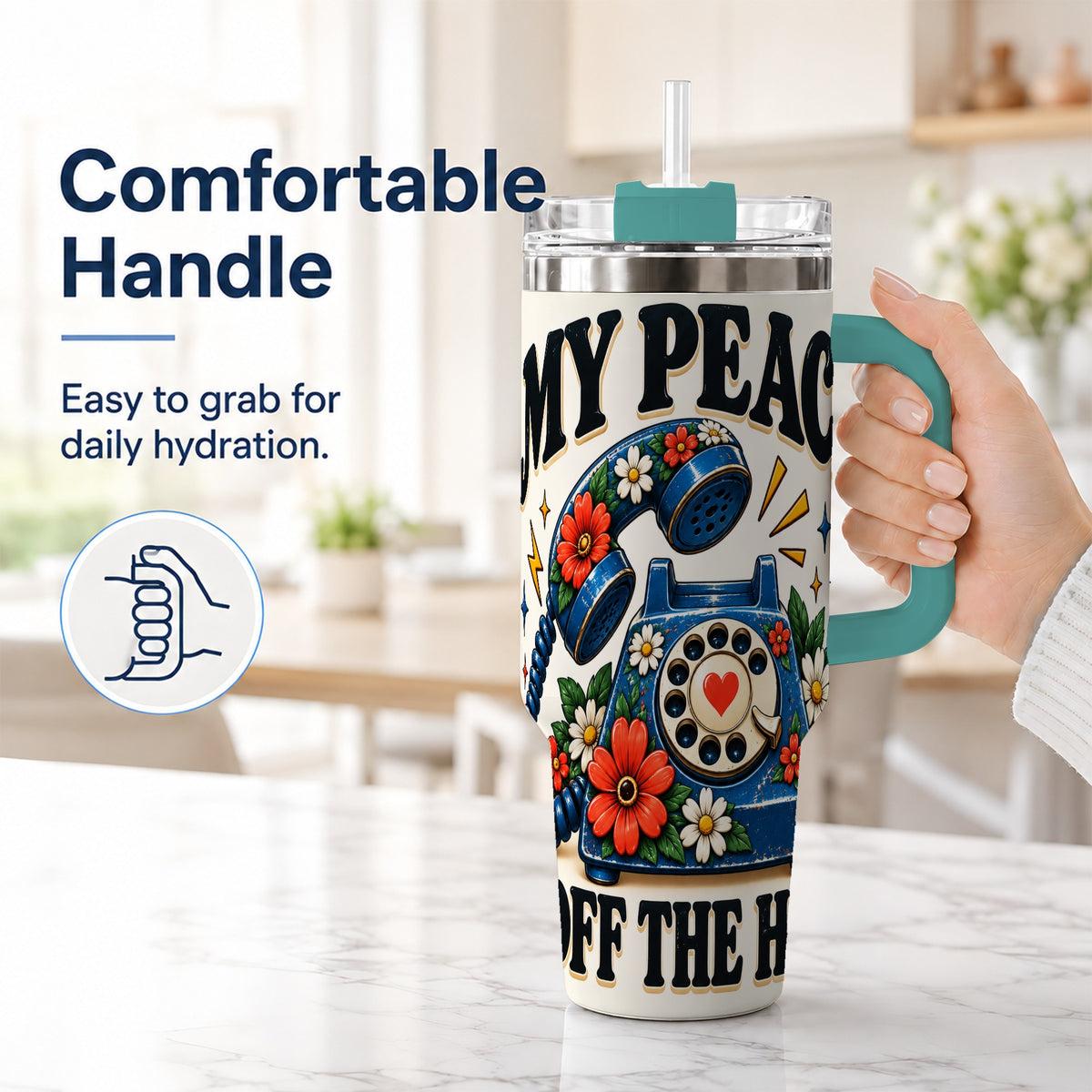 #pl[40oz|Green] Rotary Phone 40oz Tumbler with Handle, Floral Stainless Steel Travel Cup