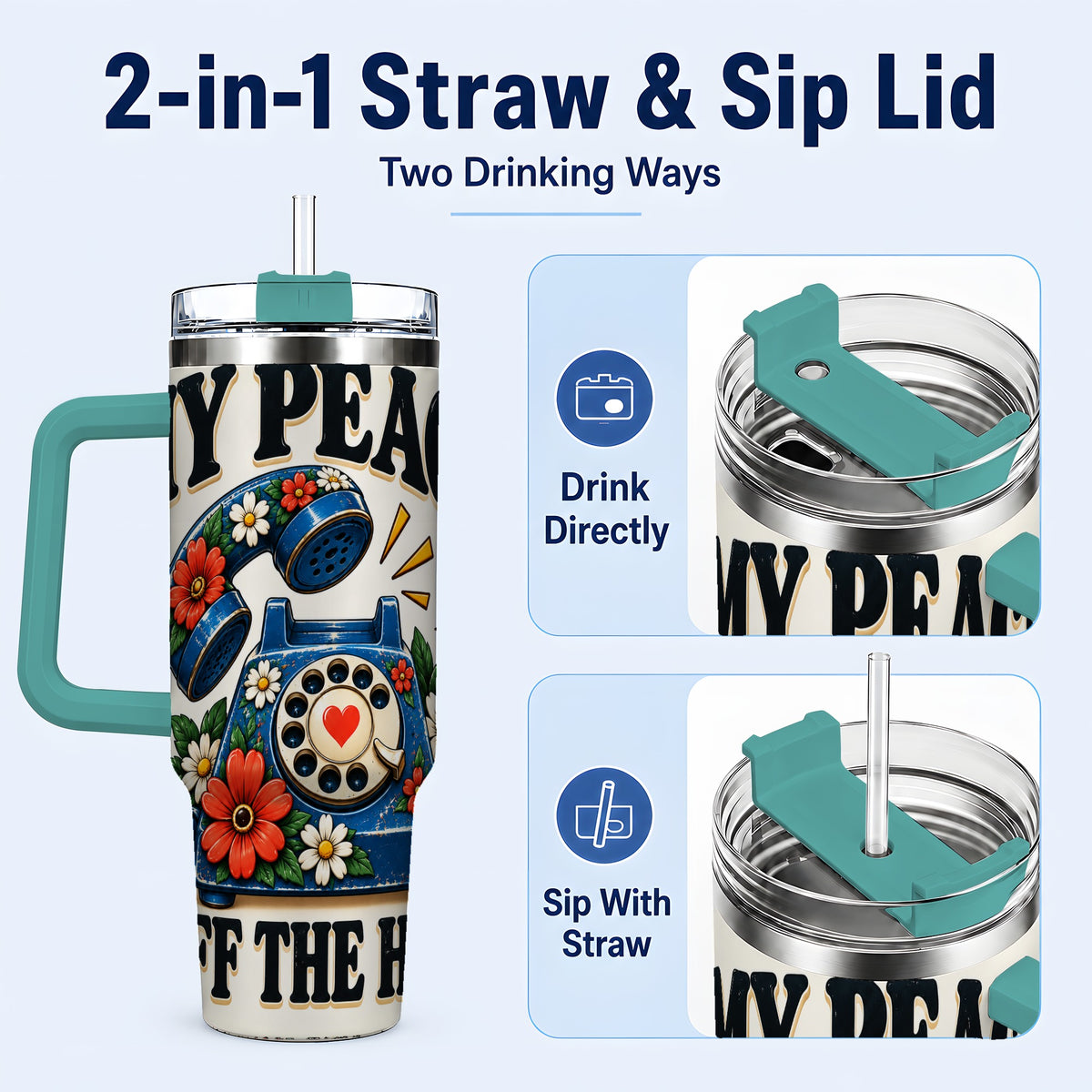 #pl[40oz|Green] Rotary Phone 40oz Tumbler with Handle, Floral Stainless Steel Travel Cup