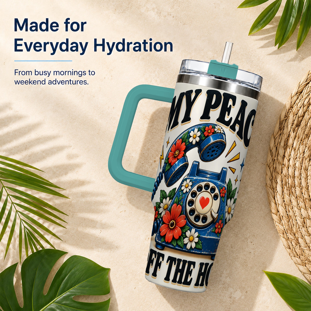 #pl[40oz|Green] Rotary Phone 40oz Tumbler with Handle, Floral Stainless Steel Travel Cup