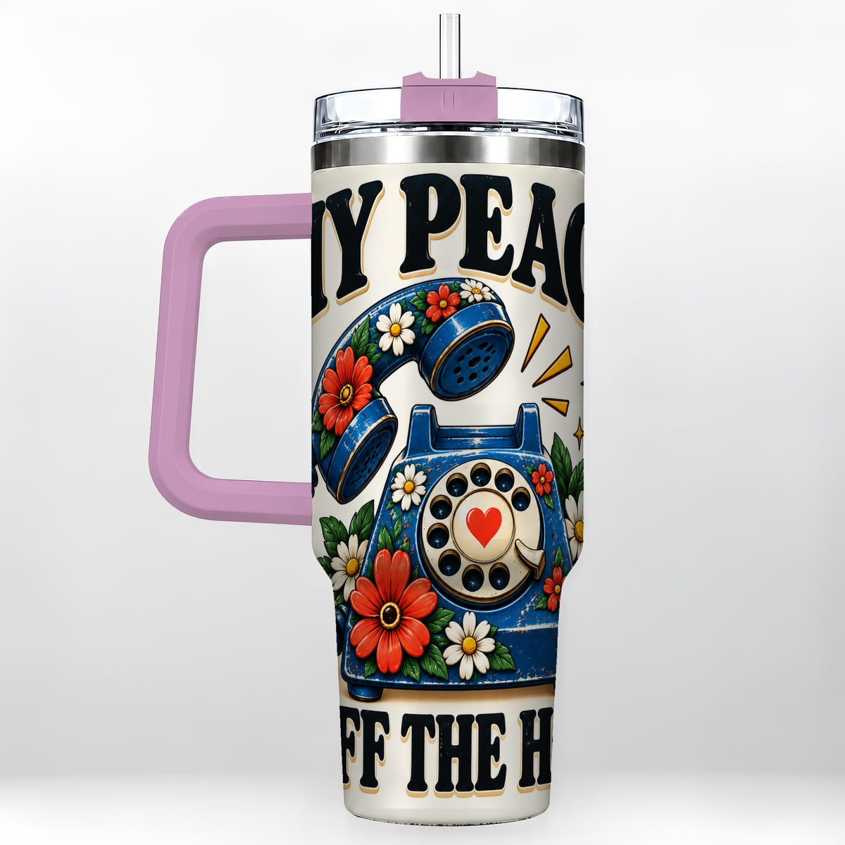 #pl[40oz|Pink] Rotary Phone 40oz Tumbler with Handle, Floral Stainless Steel Travel Cup