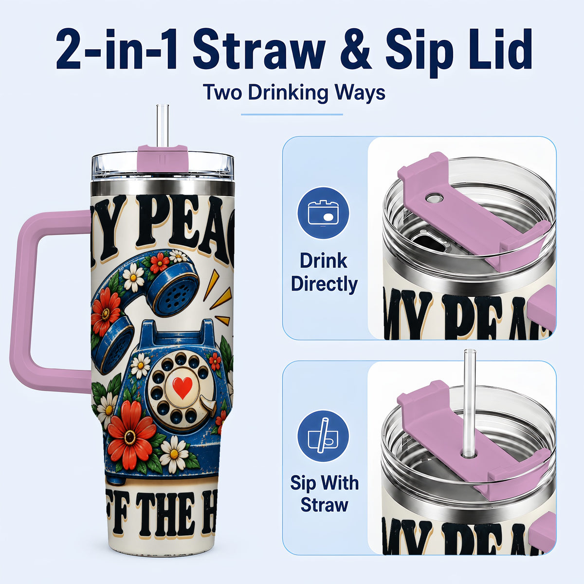 #pl[40oz|Pink] Rotary Phone 40oz Tumbler with Handle, Floral Stainless Steel Travel Cup