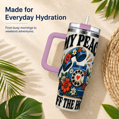 #pl[40oz|Pink] Rotary Phone 40oz Tumbler with Handle, Floral Stainless Steel Travel Cup