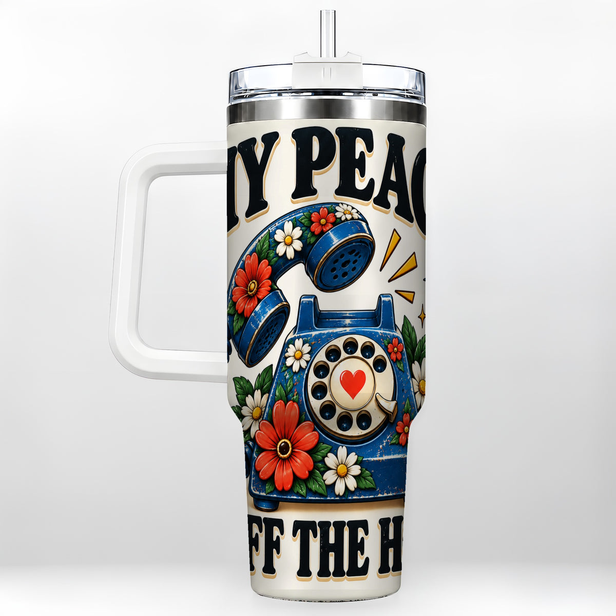 Rotary Phone 40oz Tumbler with Handle, Floral Stainless Steel Travel Cup