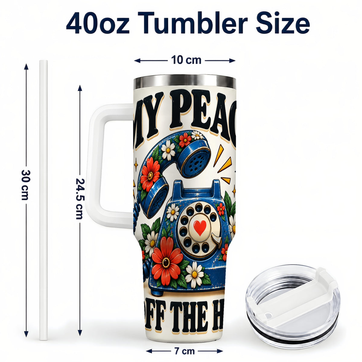 #pl[40oz|White] Rotary Phone 40oz Tumbler with Handle, Floral Stainless Steel Travel Cup