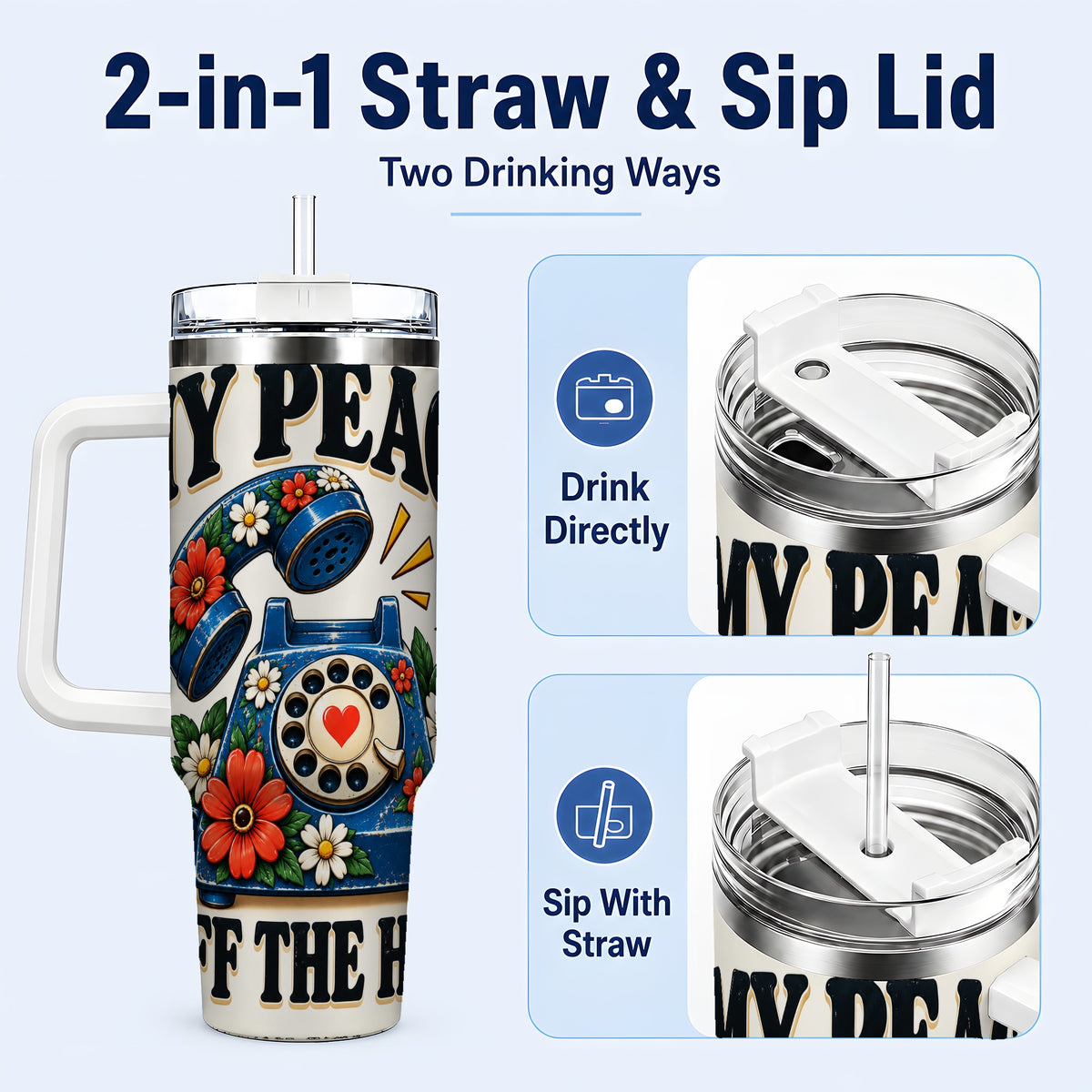 #pl[40oz|White] Rotary Phone 40oz Tumbler with Handle, Floral Stainless Steel Travel Cup