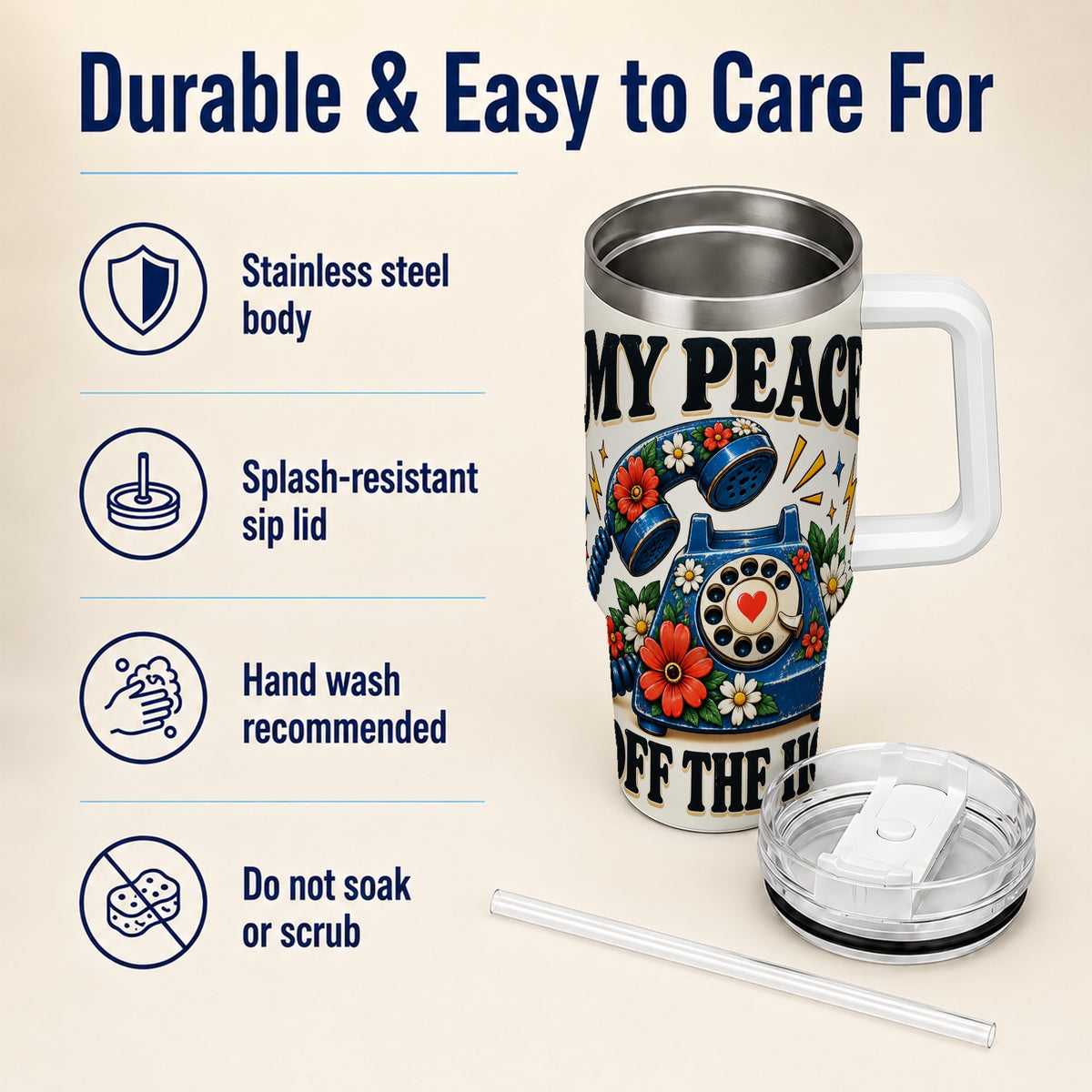 #pl[40oz|White] Rotary Phone 40oz Tumbler with Handle, Floral Stainless Steel Travel Cup