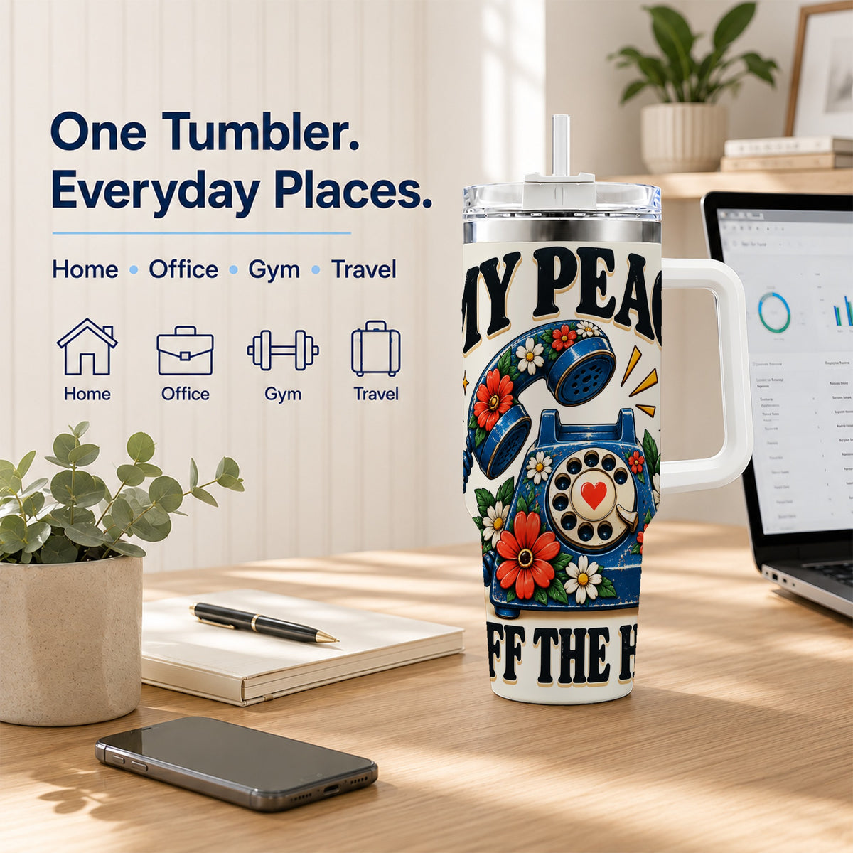 #pl[40oz|White] Rotary Phone 40oz Tumbler with Handle, Floral Stainless Steel Travel Cup