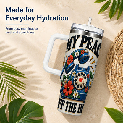 #pl[40oz|White] Rotary Phone 40oz Tumbler with Handle, Floral Stainless Steel Travel Cup