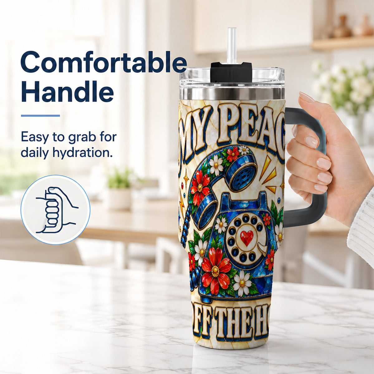 #pl[40oz|Black] Retro Rotary Phone 40oz Tumbler, Floral Stainless Steel Travel Cup
