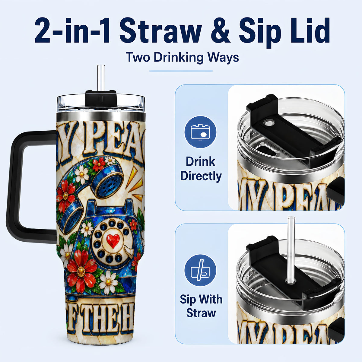 #pl[40oz|Black] Retro Rotary Phone 40oz Tumbler, Floral Stainless Steel Travel Cup