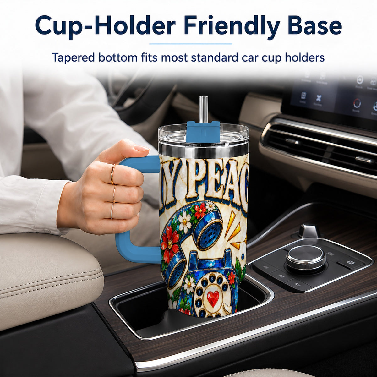 #pl[40oz|Blue] Retro Rotary Phone 40oz Tumbler, Floral Stainless Steel Travel Cup