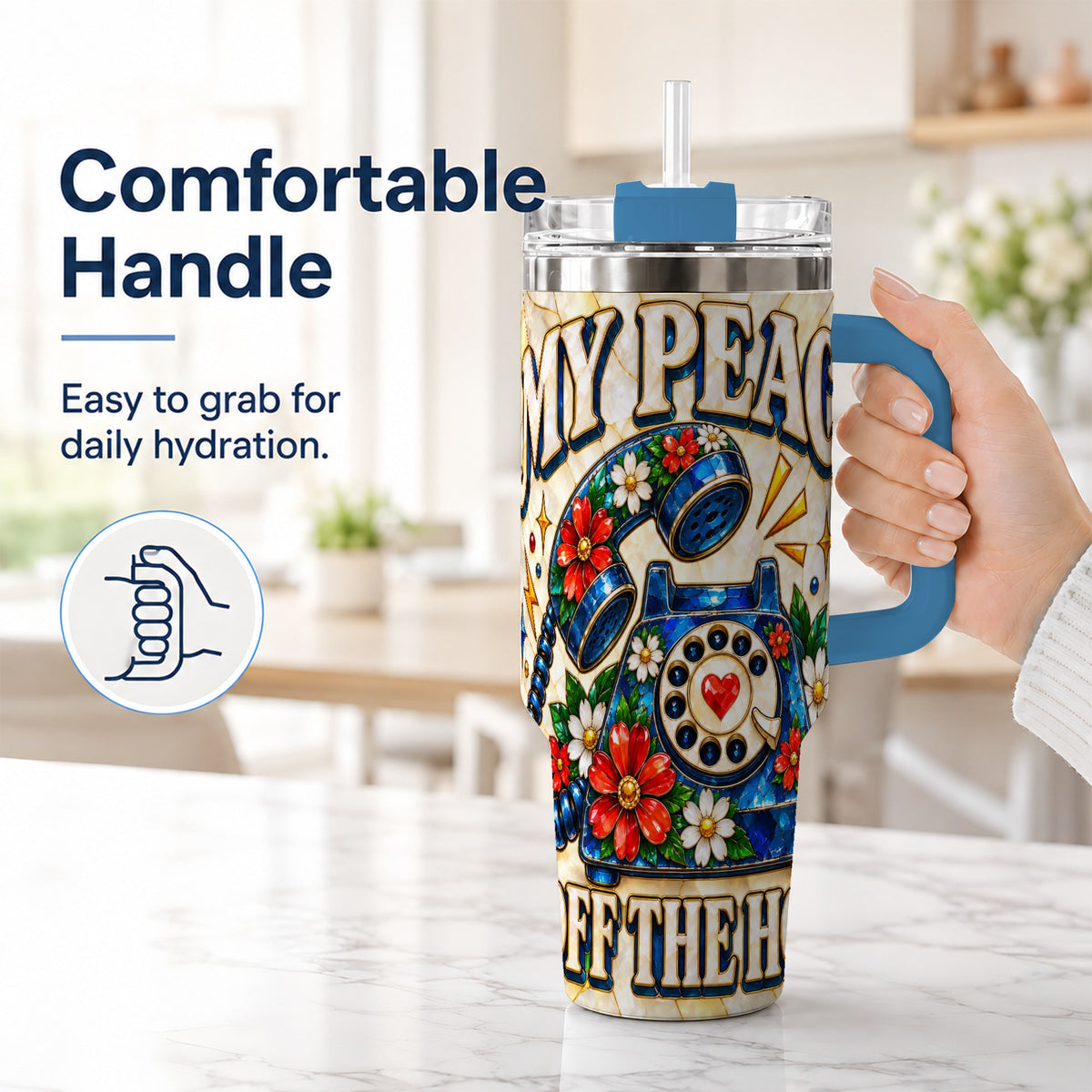 #pl[40oz|Blue] Retro Rotary Phone 40oz Tumbler, Floral Stainless Steel Travel Cup