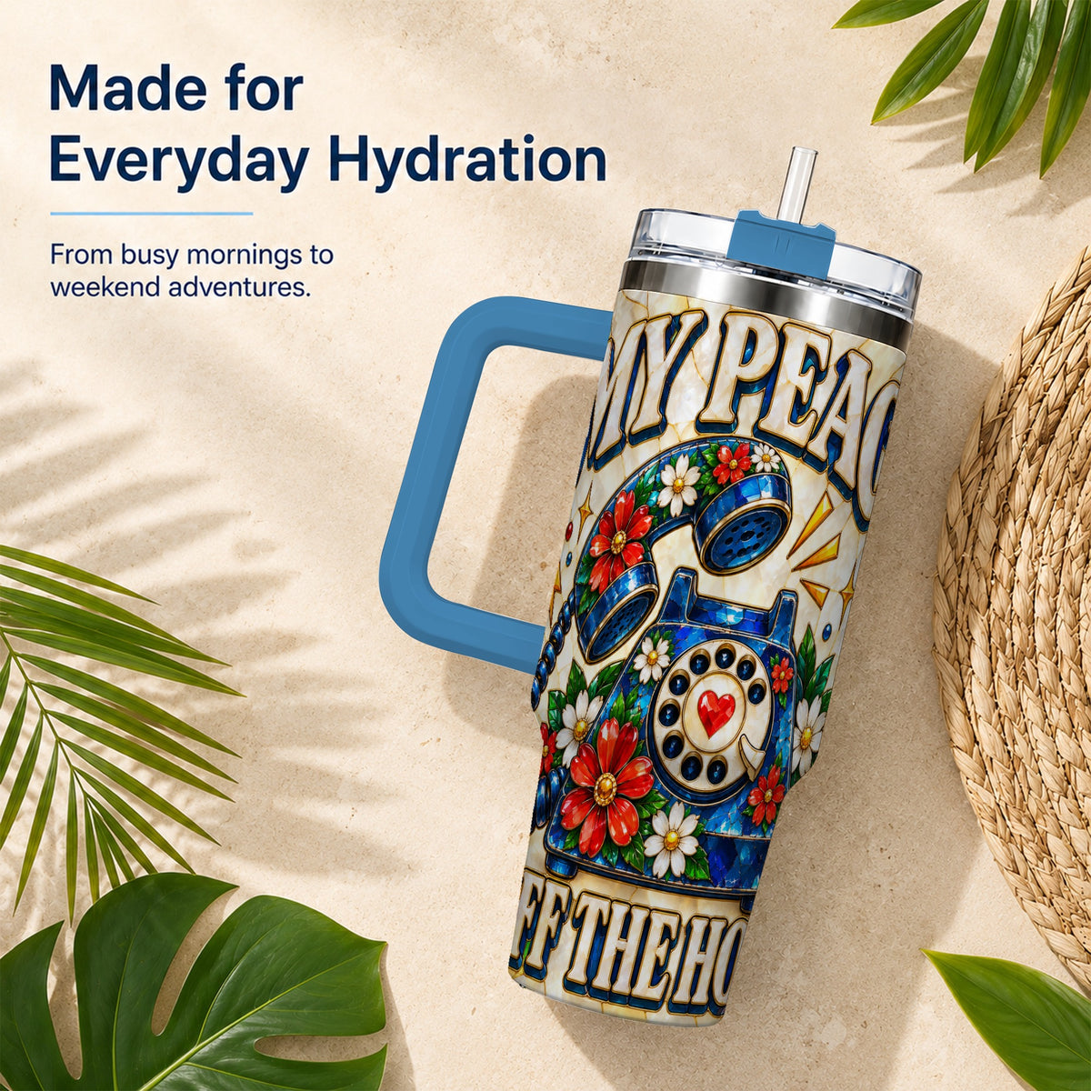 #pl[40oz|Blue] Retro Rotary Phone 40oz Tumbler, Floral Stainless Steel Travel Cup