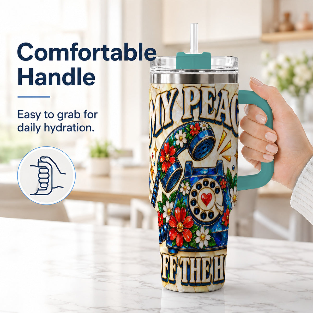 #pl[40oz|Green] Retro Rotary Phone 40oz Tumbler, Floral Stainless Steel Travel Cup