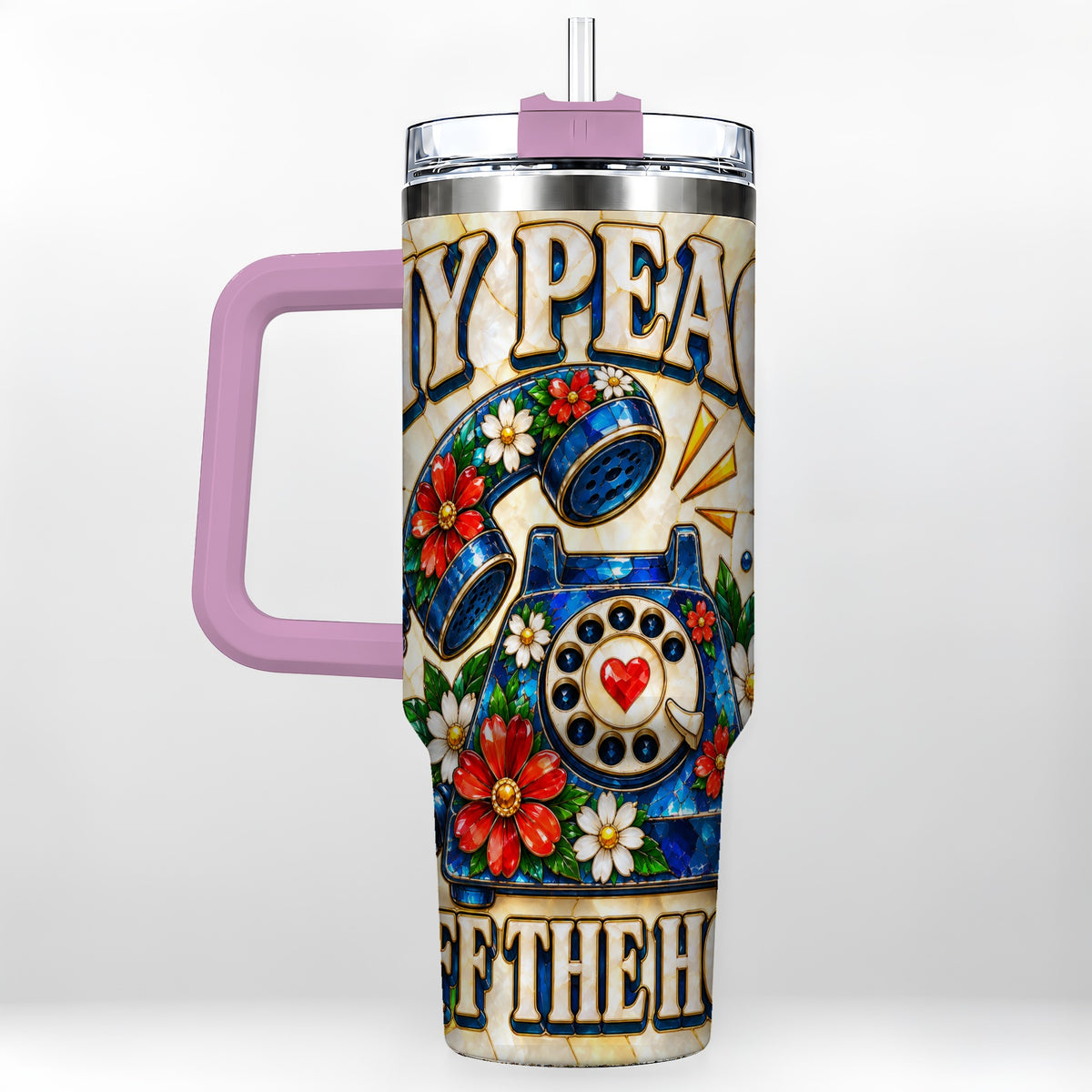 #pl[40oz|Pink] Retro Rotary Phone 40oz Tumbler, Floral Stainless Steel Travel Cup