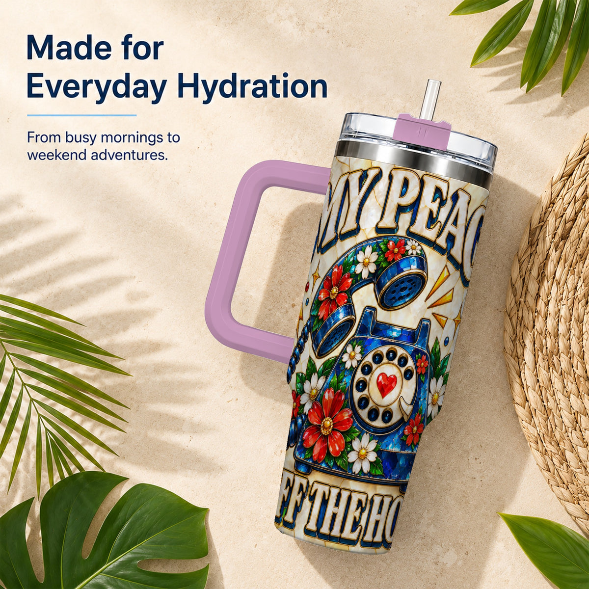 #pl[40oz|Pink] Retro Rotary Phone 40oz Tumbler, Floral Stainless Steel Travel Cup