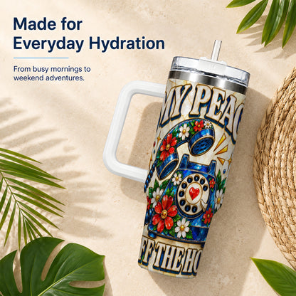 #pl[40oz|White] Retro Rotary Phone 40oz Tumbler, Floral Stainless Steel Travel Cup