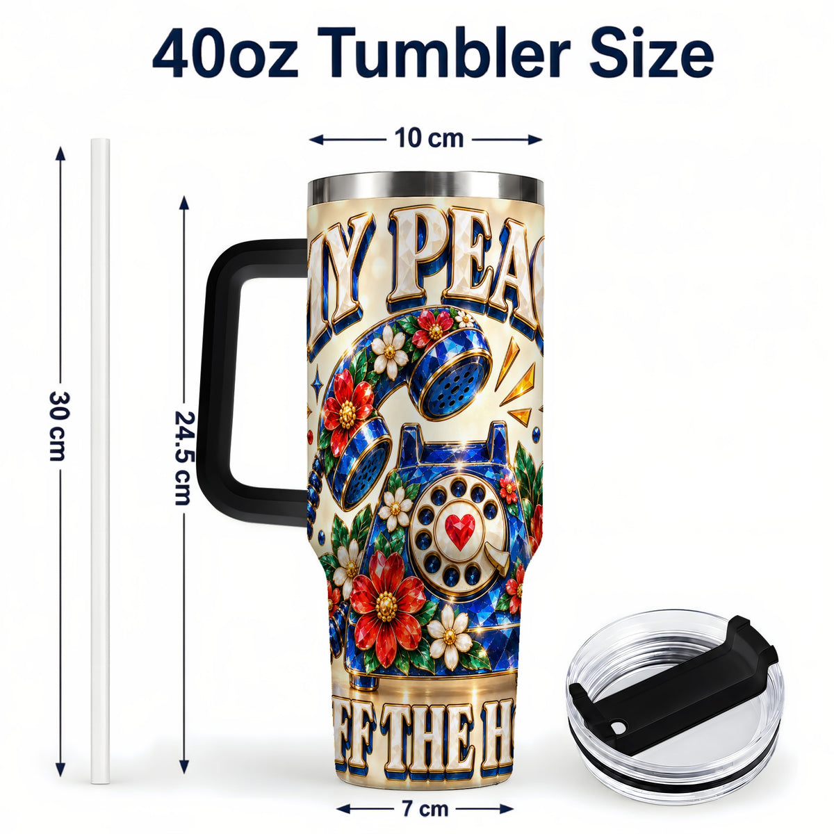 #pl[40oz|Black] Jeweled Rotary Phone 40oz Tumbler, Floral Stainless Steel Travel Cup