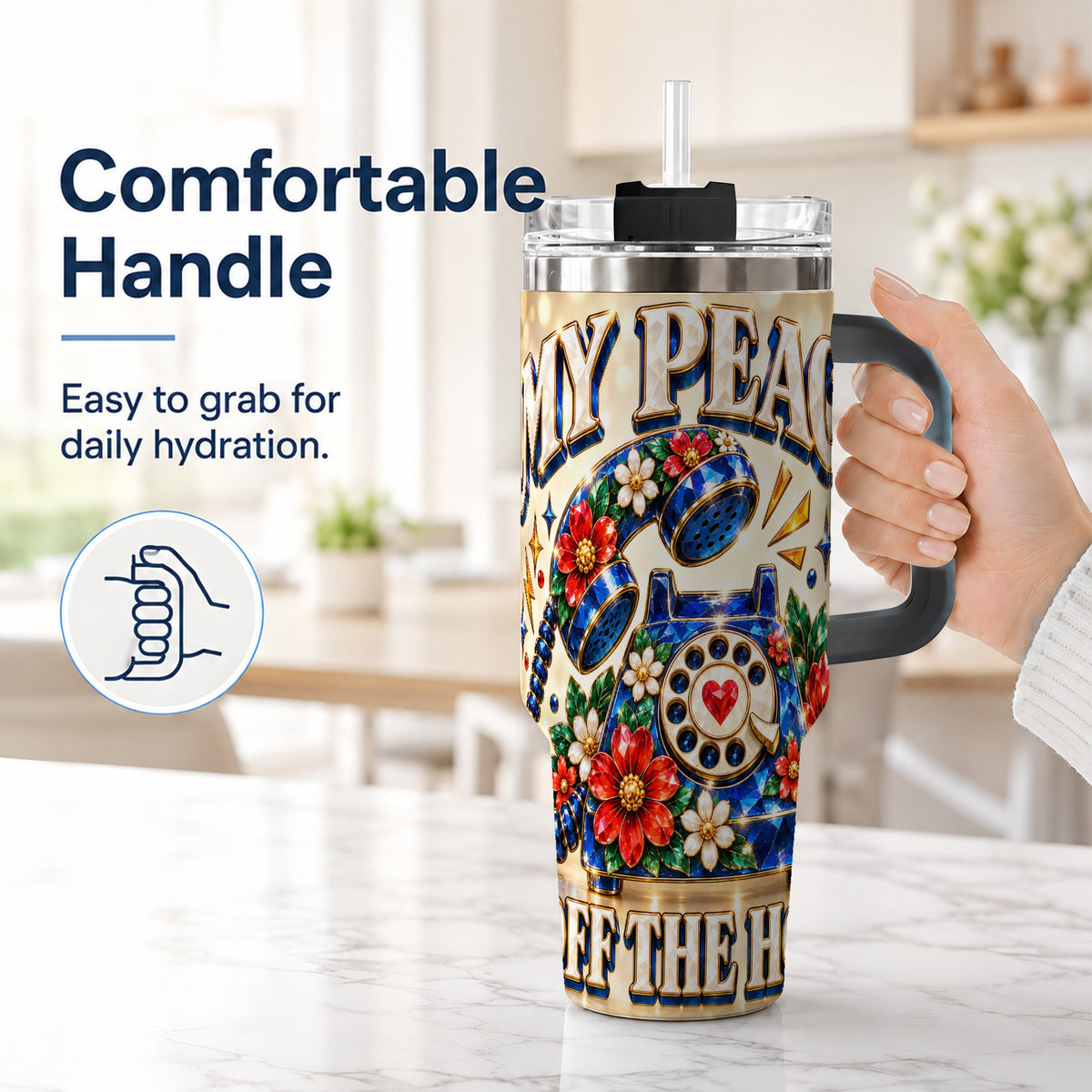 #pl[40oz|Black] Jeweled Rotary Phone 40oz Tumbler, Floral Stainless Steel Travel Cup