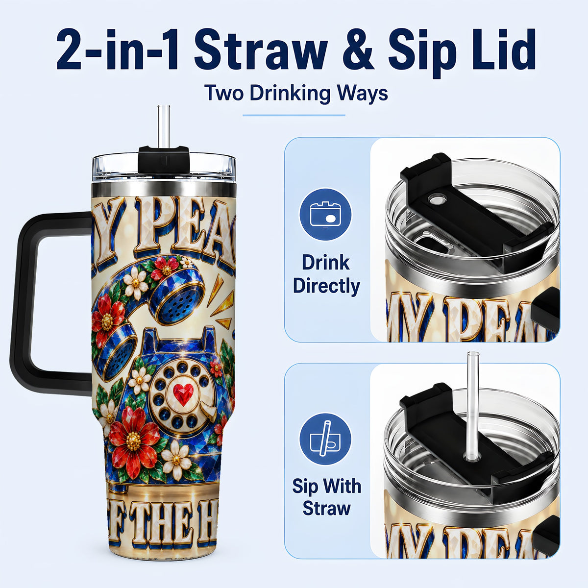 #pl[40oz|Black] Jeweled Rotary Phone 40oz Tumbler, Floral Stainless Steel Travel Cup