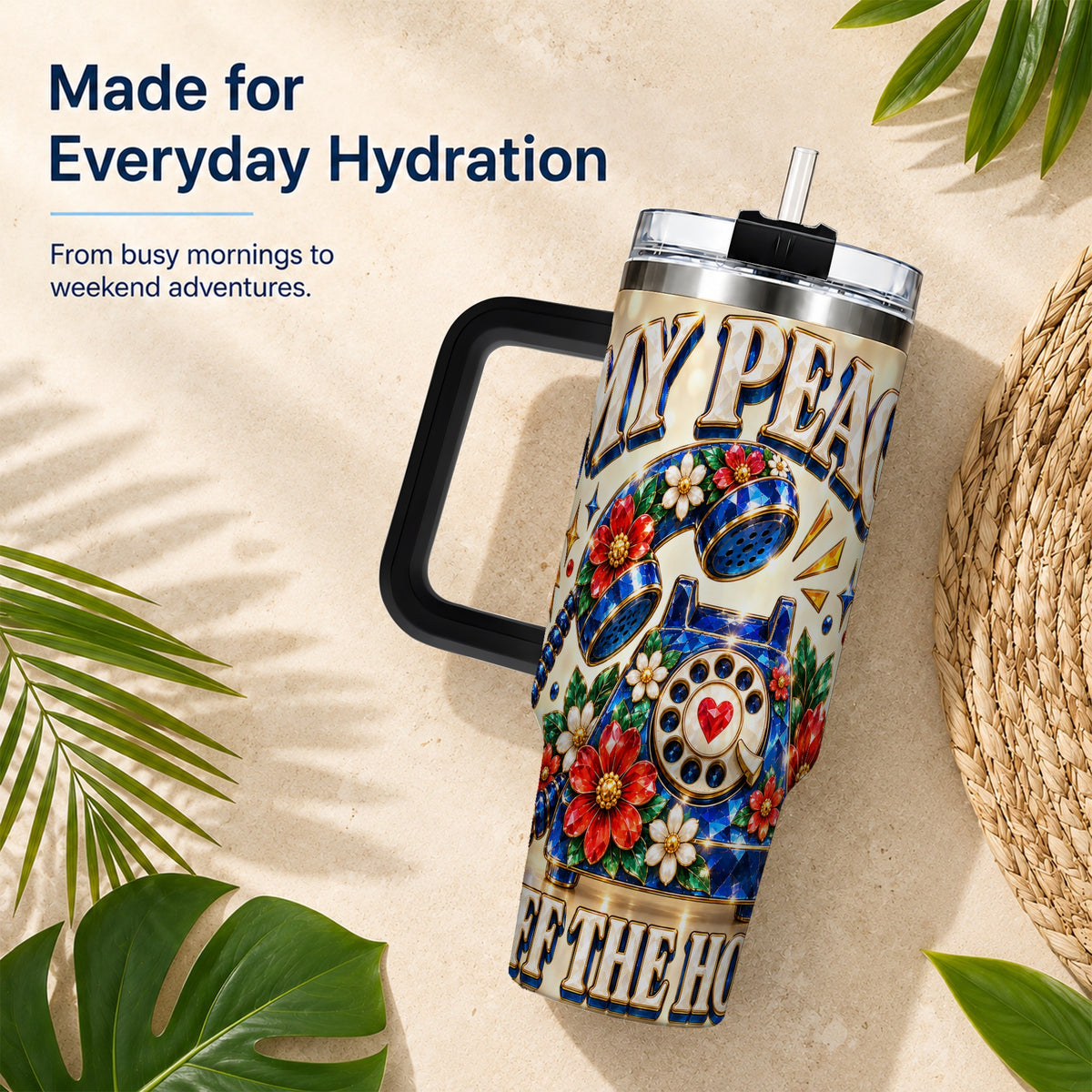 #pl[40oz|Black] Jeweled Rotary Phone 40oz Tumbler, Floral Stainless Steel Travel Cup